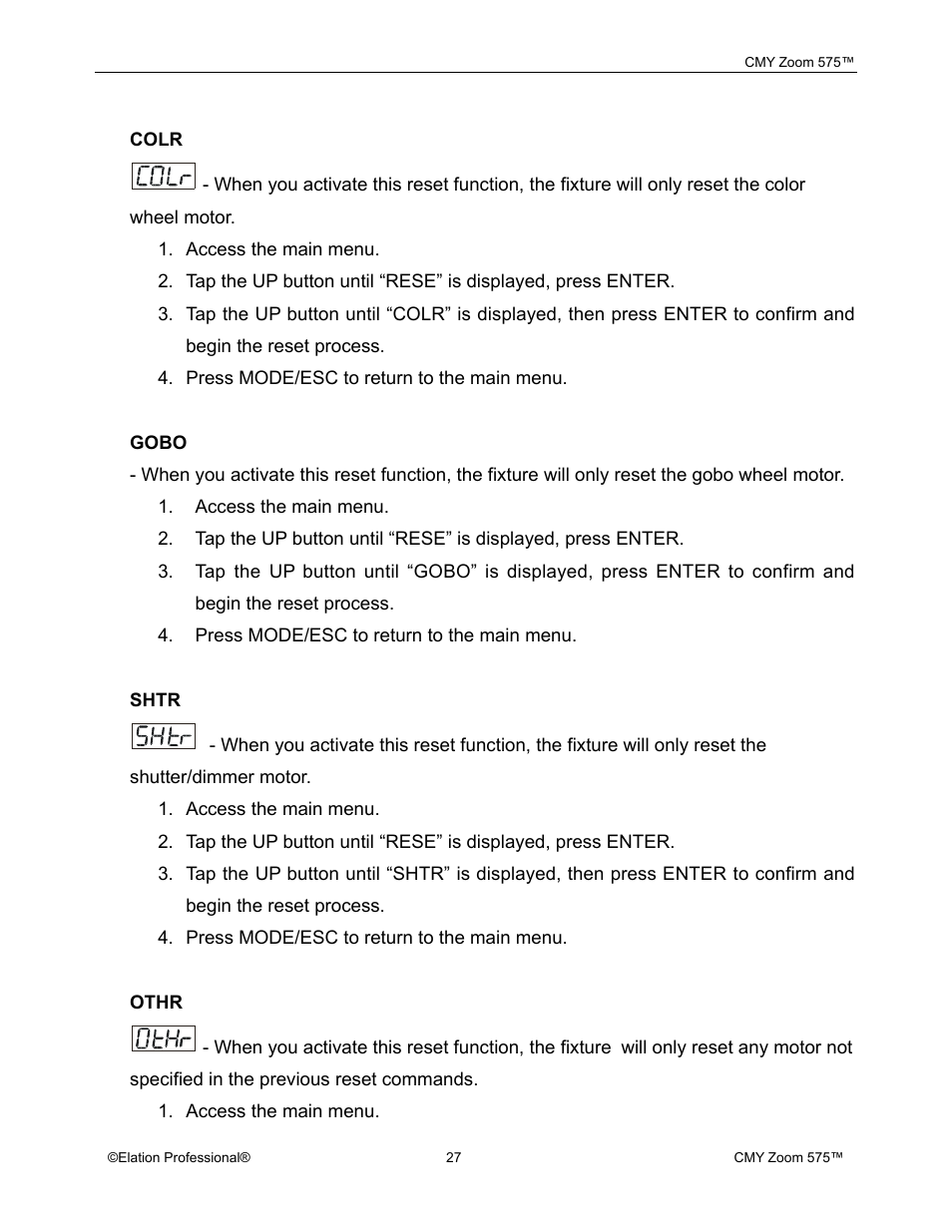 Elation Professional CMY Zoom 575 User Manual | Page 27 / 52