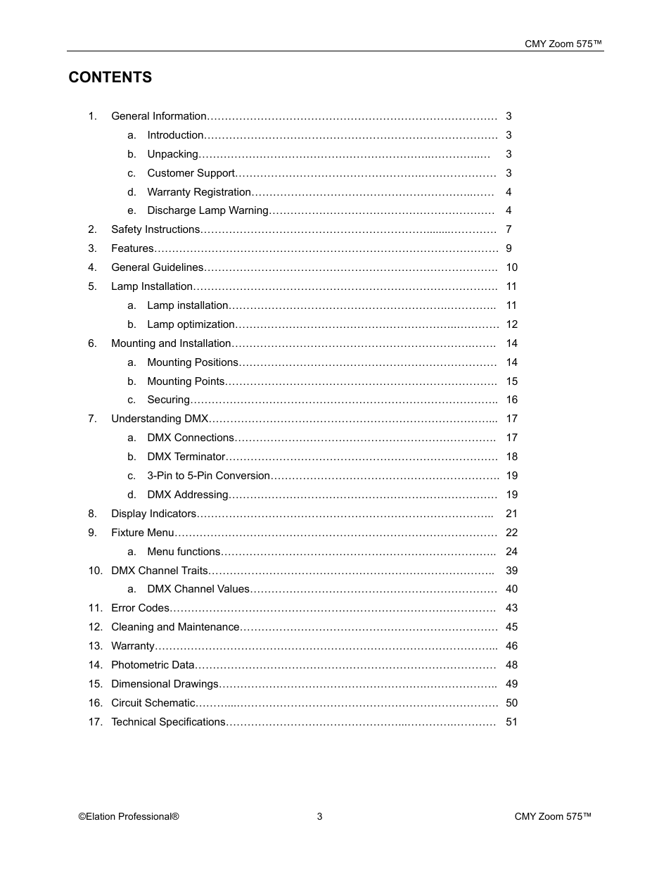 Elation Professional CMY Zoom 575 User Manual | Page 3 / 52