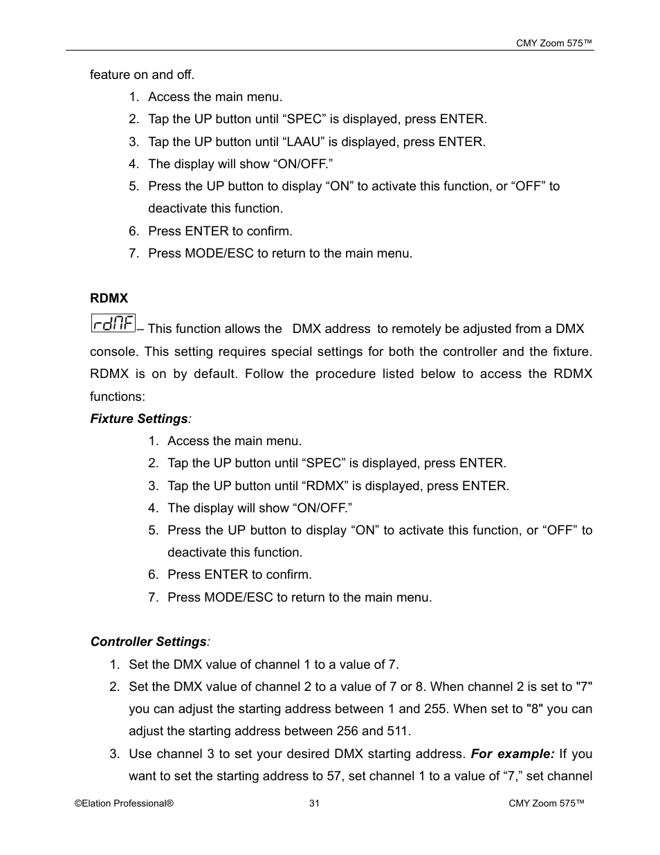 Elation Professional CMY Zoom 575 User Manual | Page 31 / 52