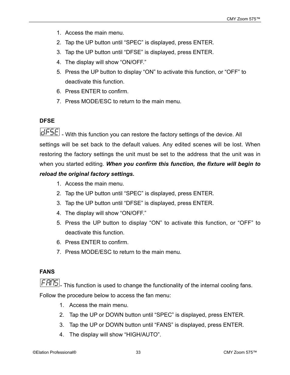 Elation Professional CMY Zoom 575 User Manual | Page 33 / 52