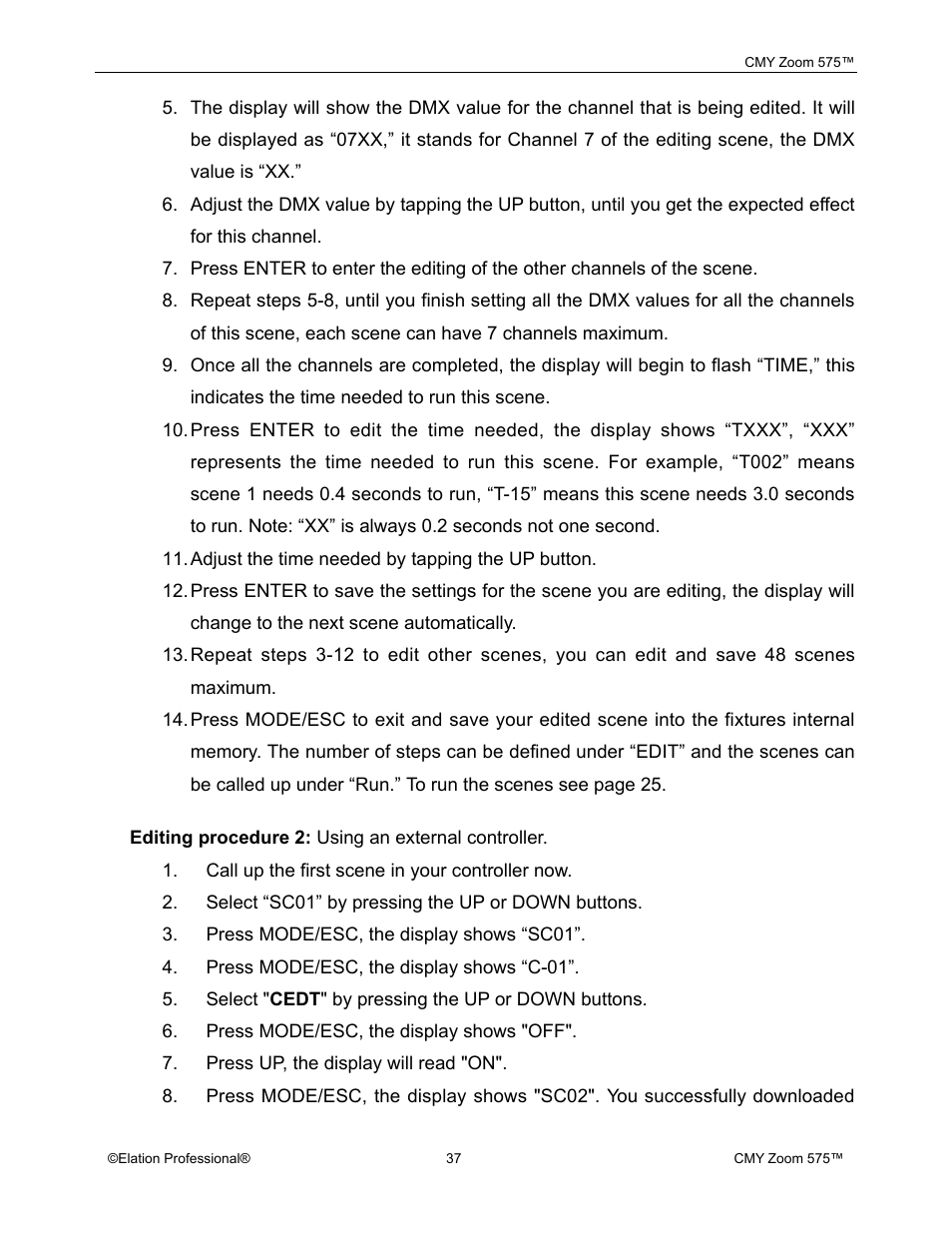 Elation Professional CMY Zoom 575 User Manual | Page 37 / 52