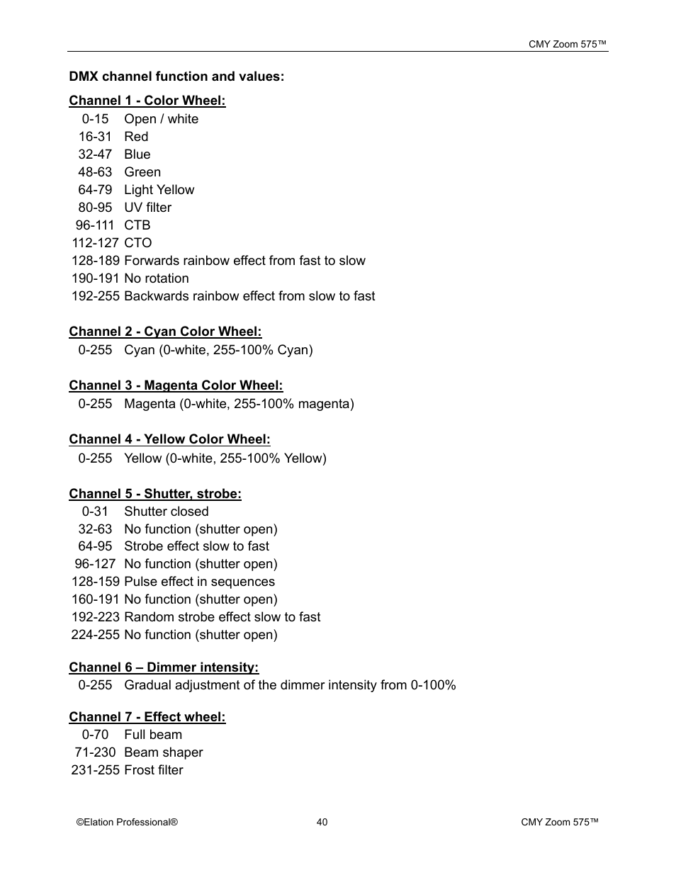 Elation Professional CMY Zoom 575 User Manual | Page 40 / 52