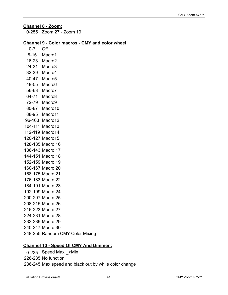 Elation Professional CMY Zoom 575 User Manual | Page 41 / 52