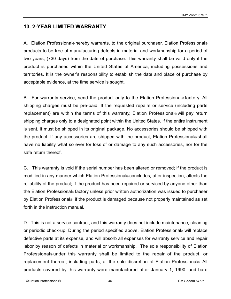 2-year limited warranty | Elation Professional CMY Zoom 575 User Manual | Page 46 / 52