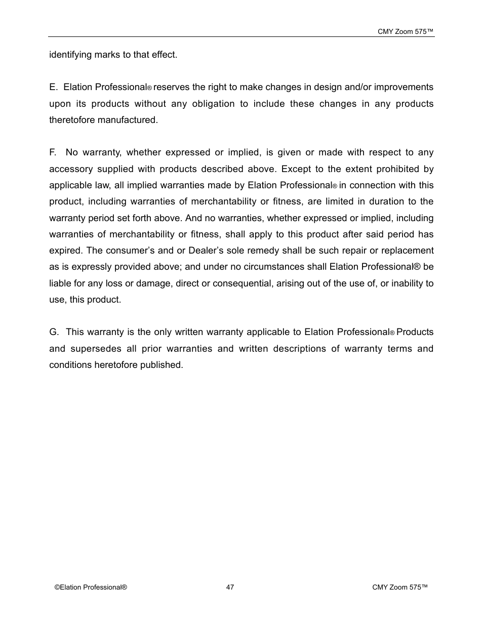 Elation Professional CMY Zoom 575 User Manual | Page 47 / 52