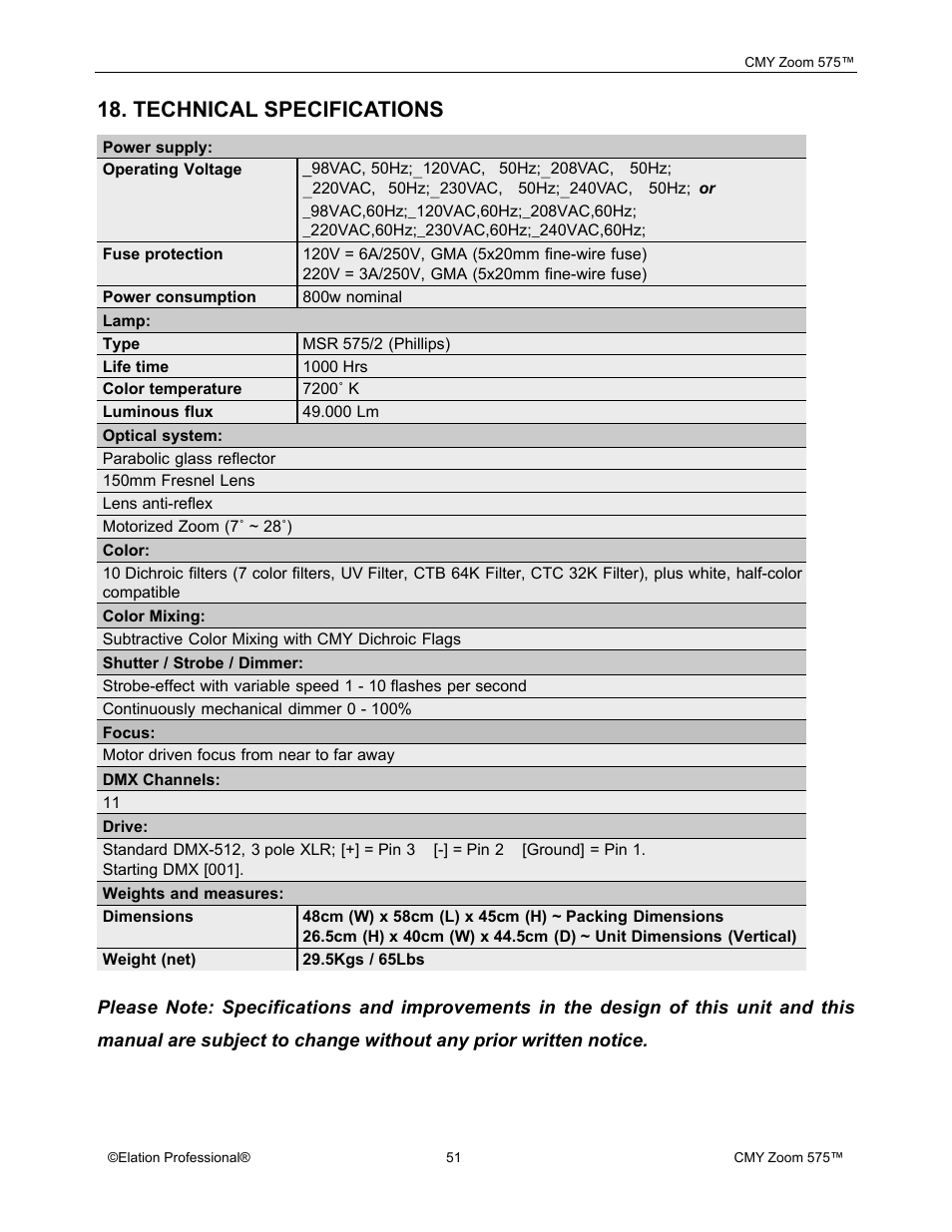 Technical specifications | Elation Professional CMY Zoom 575 User Manual | Page 51 / 52