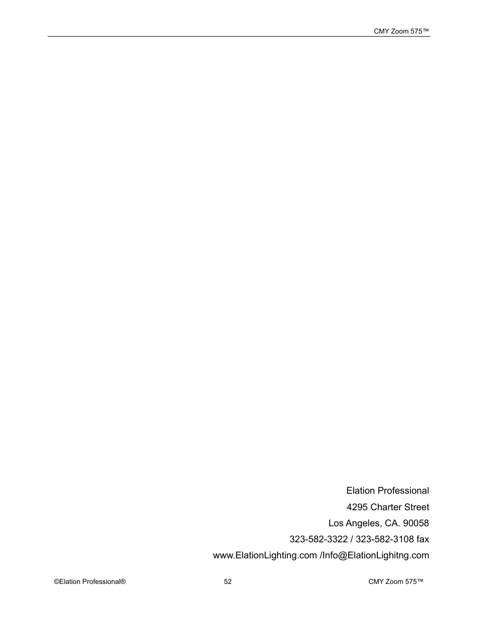 Elation Professional CMY Zoom 575 User Manual | Page 52 / 52