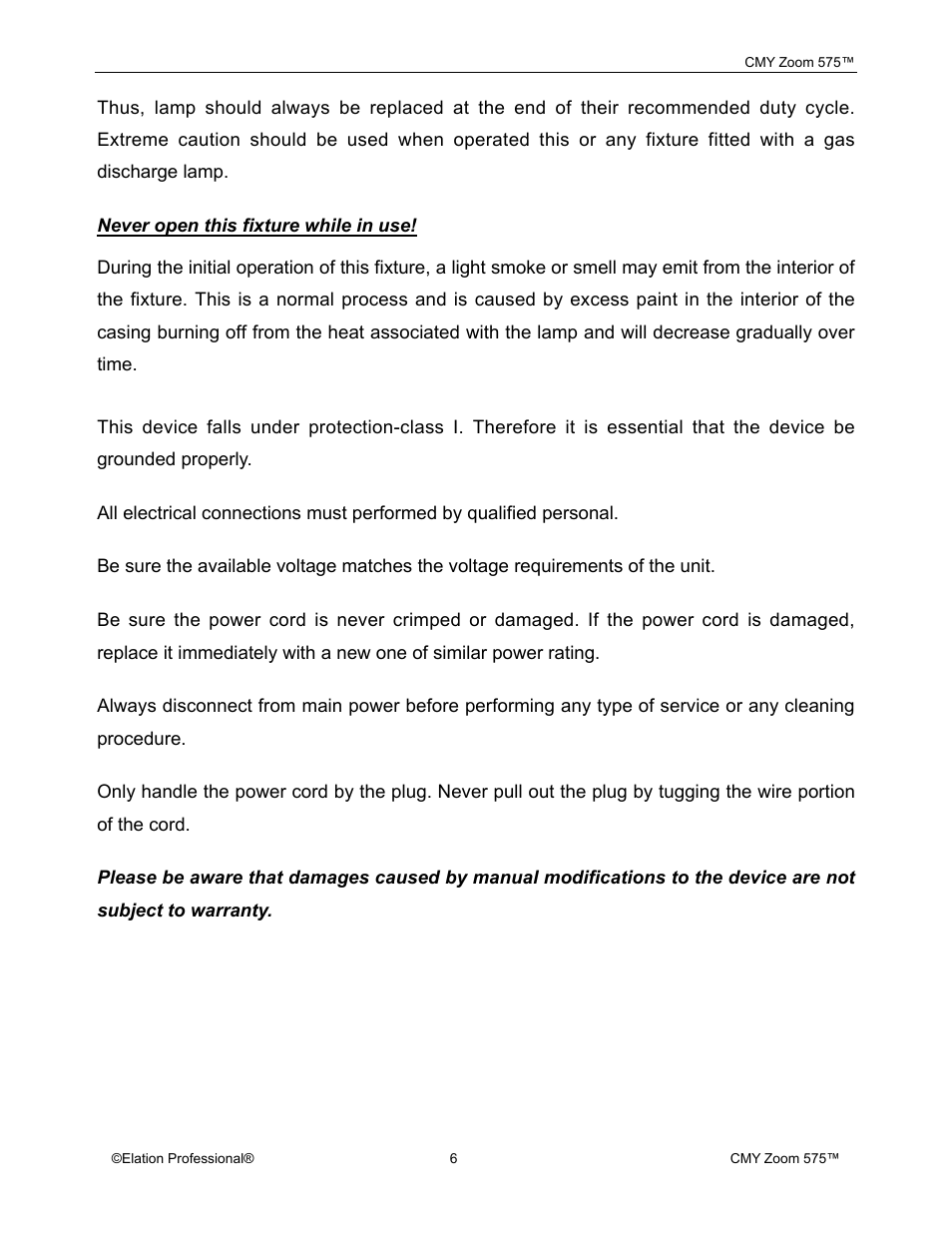 Elation Professional CMY Zoom 575 User Manual | Page 6 / 52