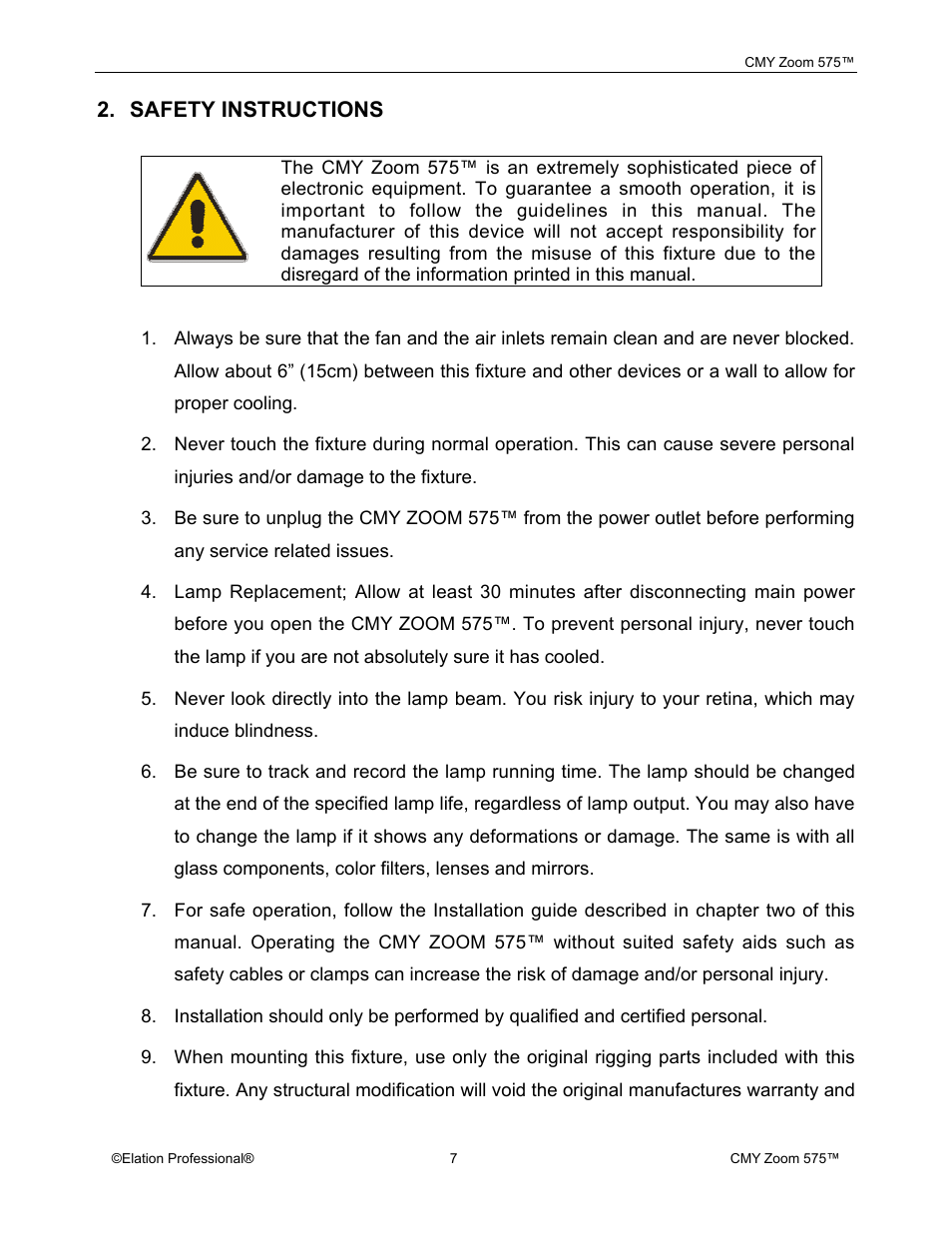 Elation Professional CMY Zoom 575 User Manual | Page 7 / 52