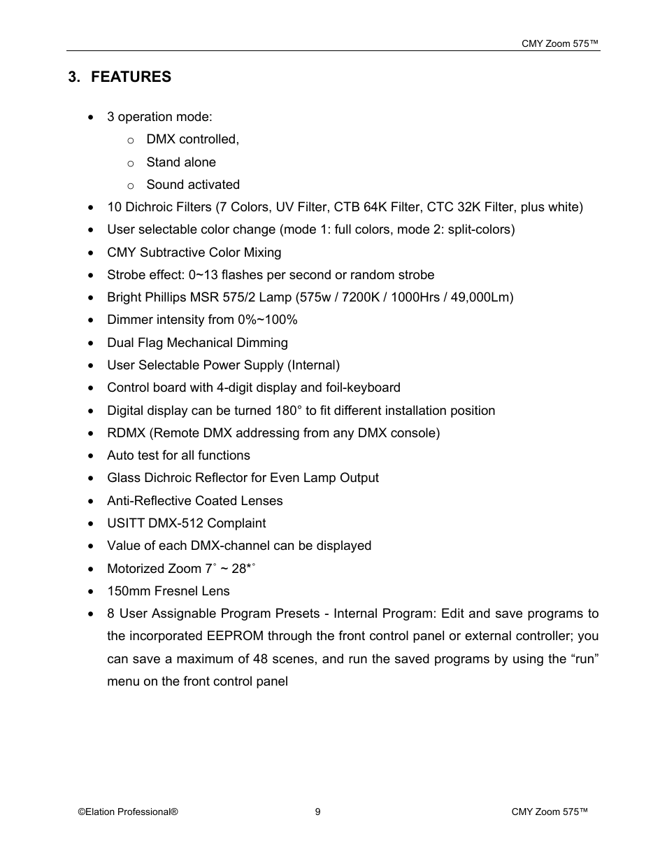 Features | Elation Professional CMY Zoom 575 User Manual | Page 9 / 52