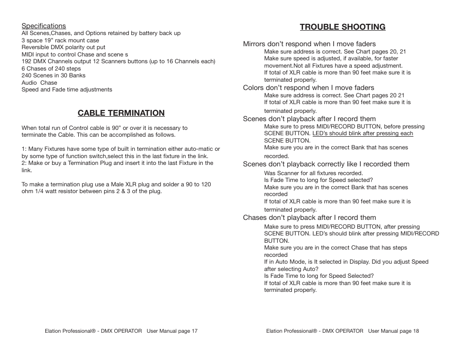 Trouble shooting, Cable termination | Elation Professional DMX-512 User Manual | Page 10 / 12
