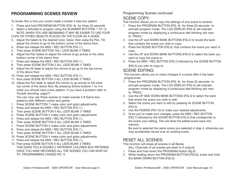 Programming scenes review, Scene copy, Scene editing | Reset all scenes | Elation Professional DMX-512 User Manual | Page 6 / 12