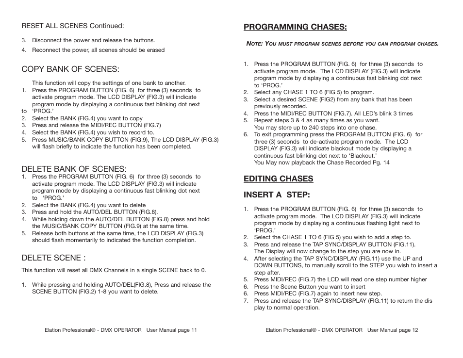 Copy bank of scenes, Delete bank of scenes, Delete scene | Programming chases, Editing chases insert a step | Elation Professional DMX-512 User Manual | Page 7 / 12