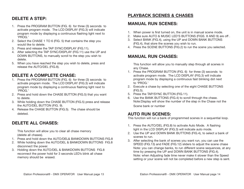 Delete a step, Delete a complete chase, Delete all chases | Playback scenes & chases manual run scenes, Manual run chases, Auto run scenes | Elation Professional DMX-512 User Manual | Page 8 / 12