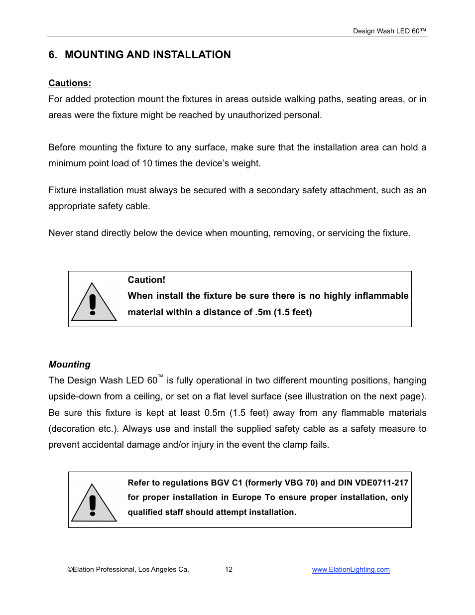 Mounting and installation | Elation Professional 60TM User Manual | Page 12 / 48