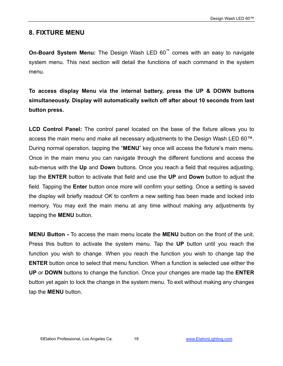 Fixture menu | Elation Professional 60TM User Manual | Page 19 / 48