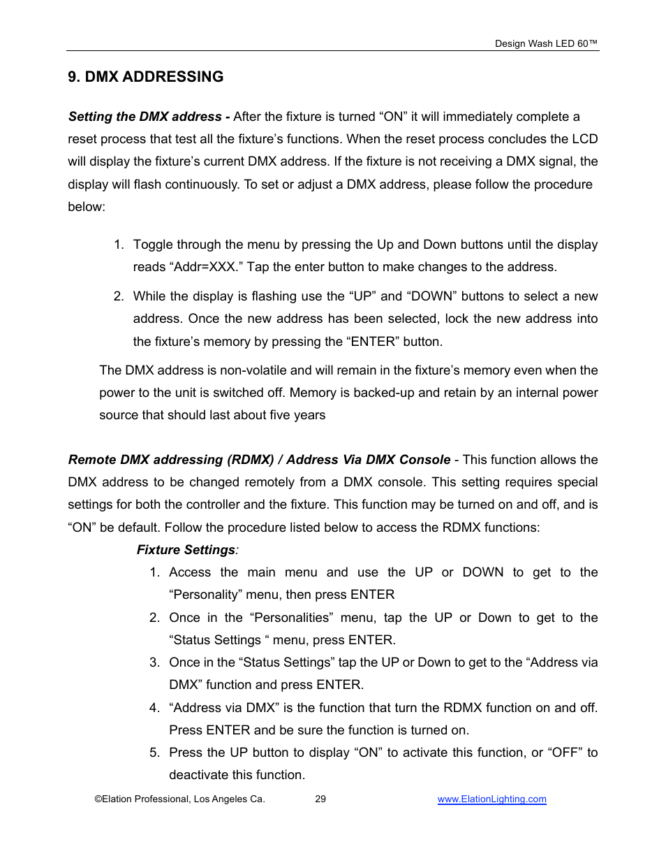 Dmx addressing | Elation Professional 60TM User Manual | Page 29 / 48