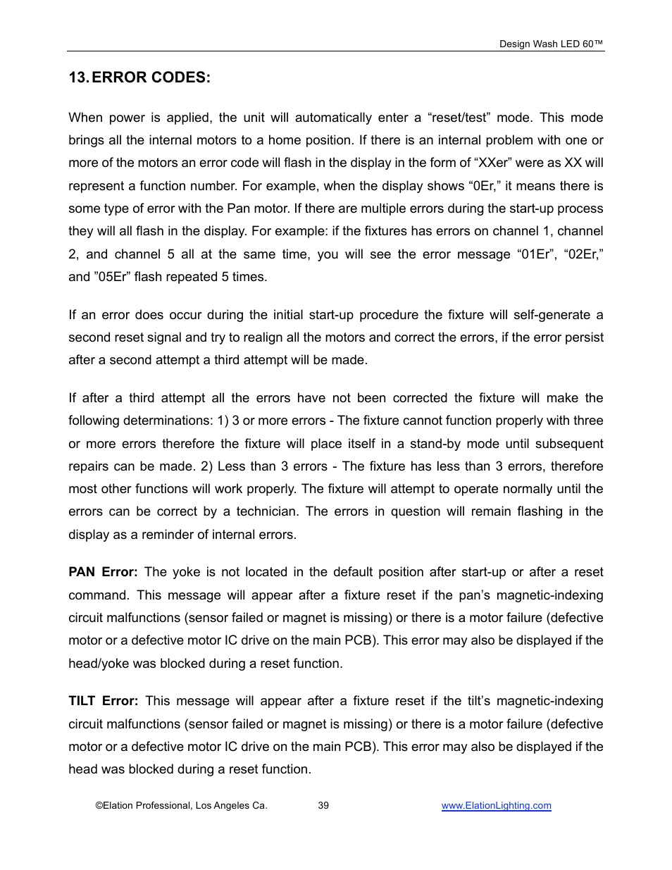 Error codes | Elation Professional 60TM User Manual | Page 39 / 48