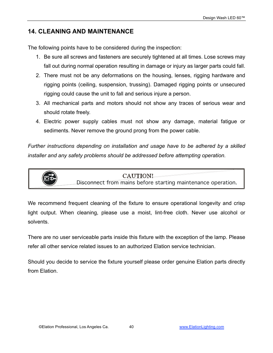 Cleaning and maintenance | Elation Professional 60TM User Manual | Page 40 / 48