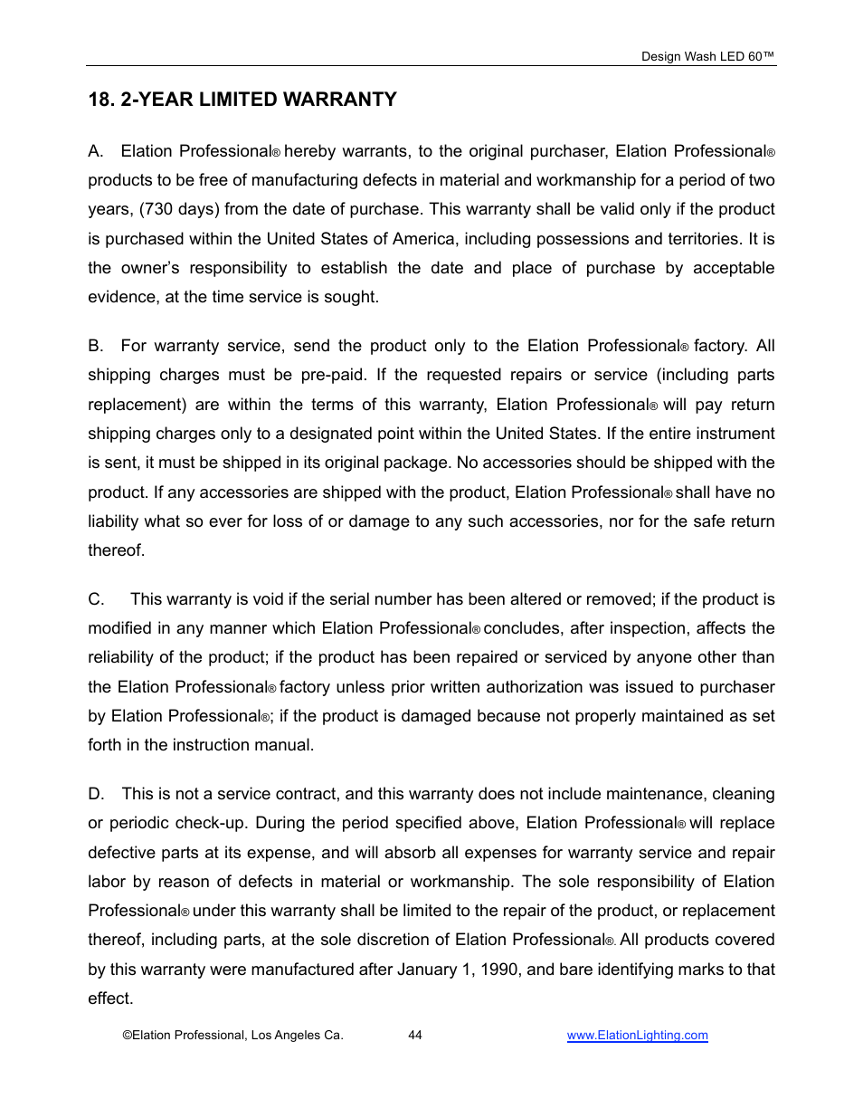 2-year limited warranty | Elation Professional 60TM User Manual | Page 44 / 48
