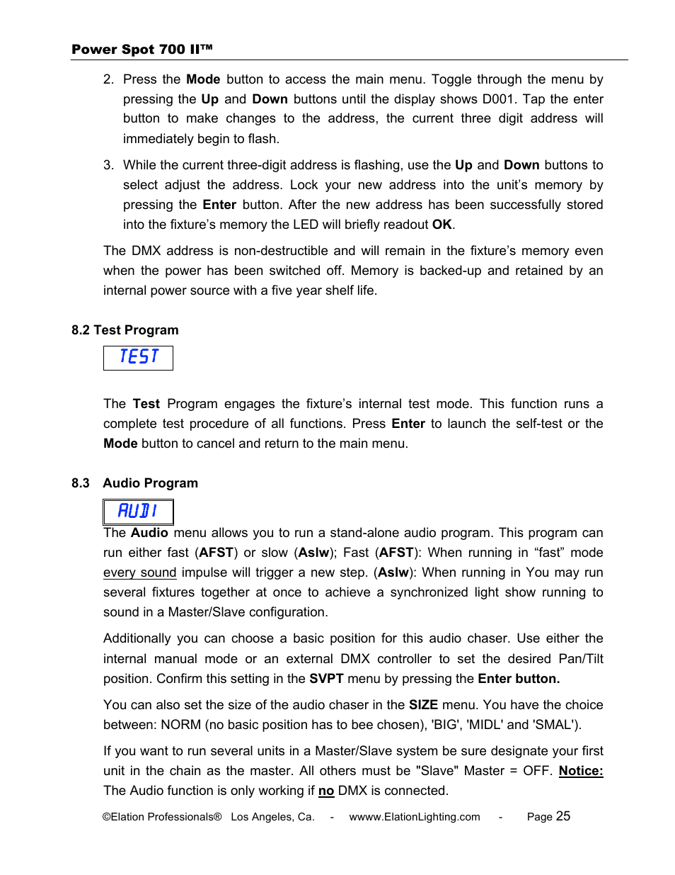Test, Audi | Elation Professional 700 II User Manual | Page 25 / 68