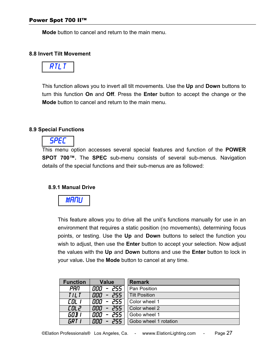 Rtlt, Spec, Manu | Elation Professional 700 II User Manual | Page 27 / 68