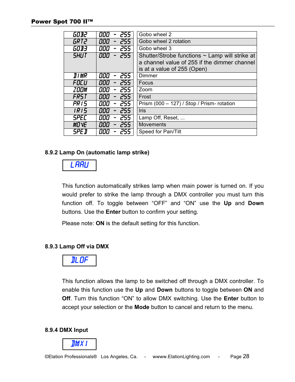 Laau, Dlof, Dmxi | Elation Professional 700 II User Manual | Page 28 / 68