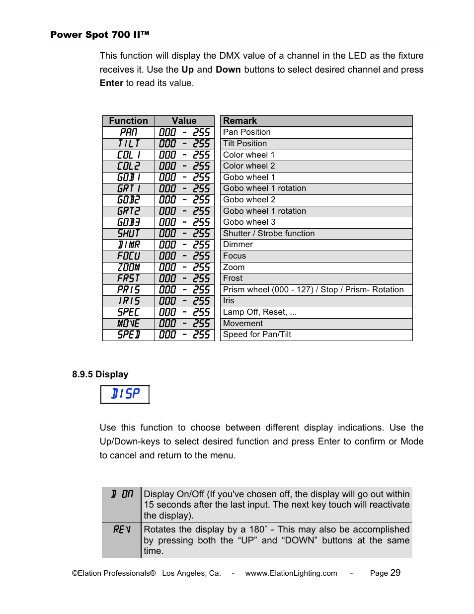 Disp | Elation Professional 700 II User Manual | Page 29 / 68