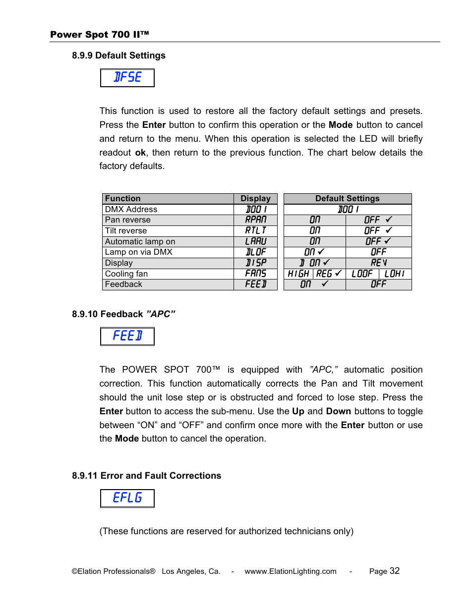 Dfse, Feed, Eflg | Elation Professional 700 II User Manual | Page 32 / 68