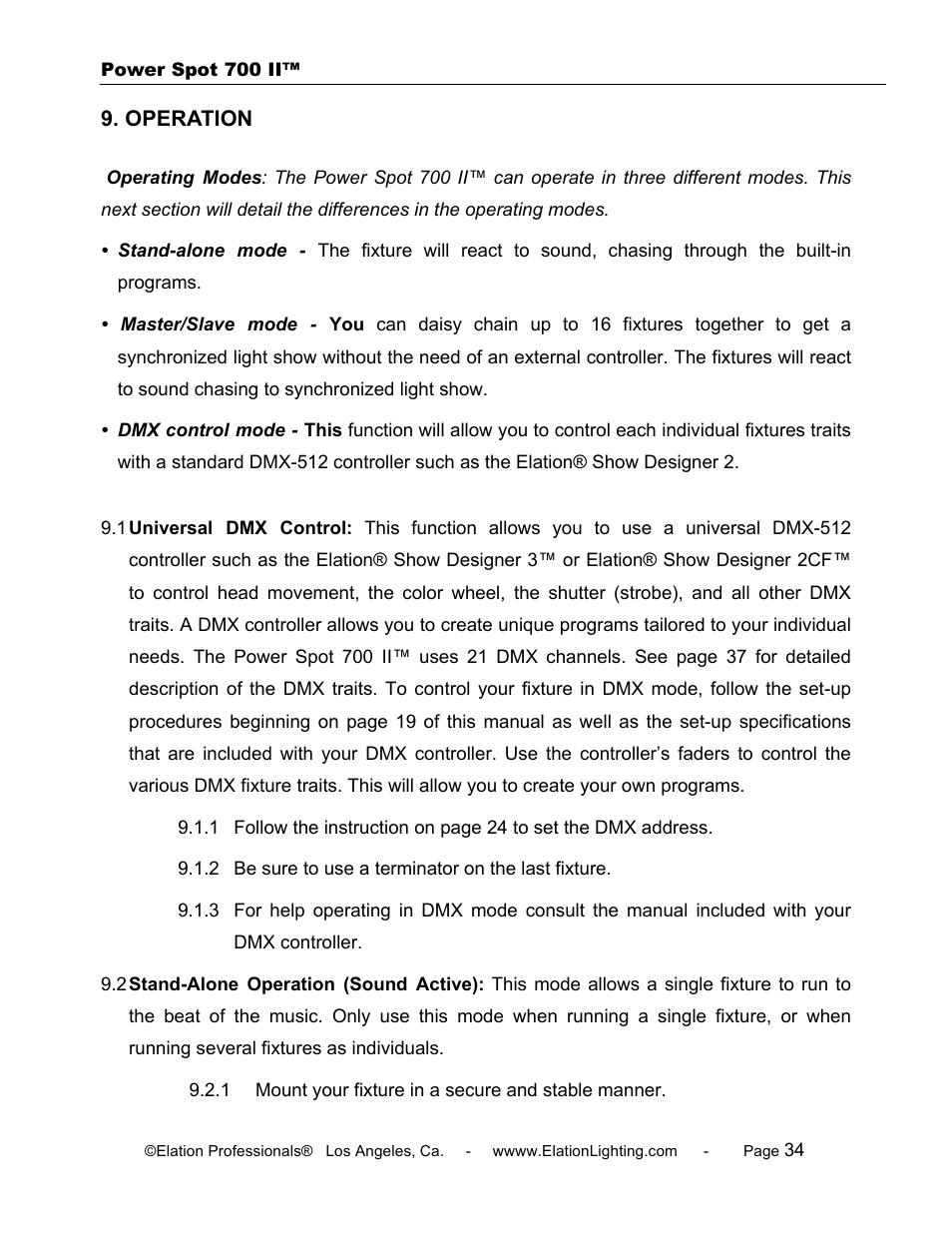 Operation | Elation Professional 700 II User Manual | Page 34 / 68