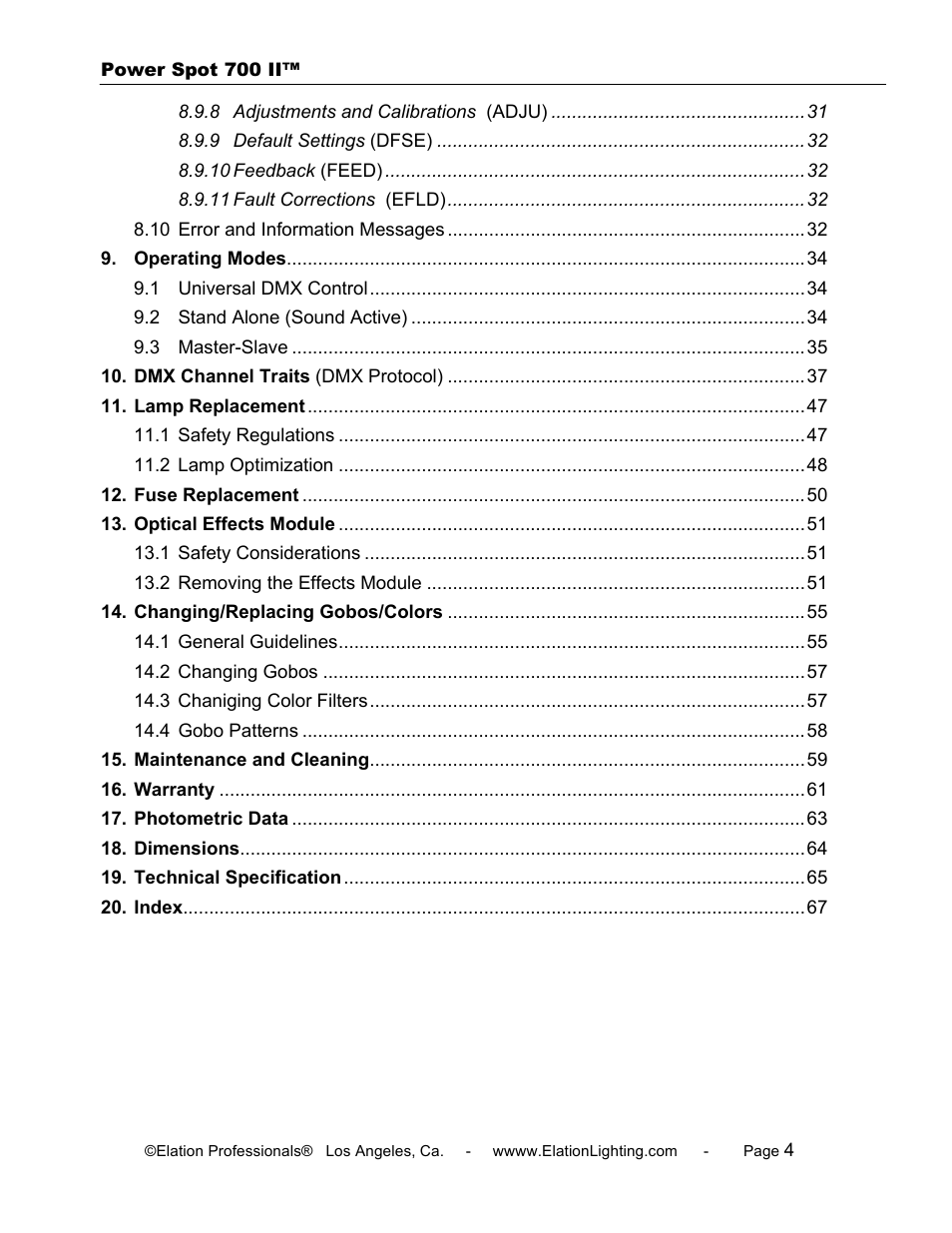 Elation Professional 700 II User Manual | Page 4 / 68