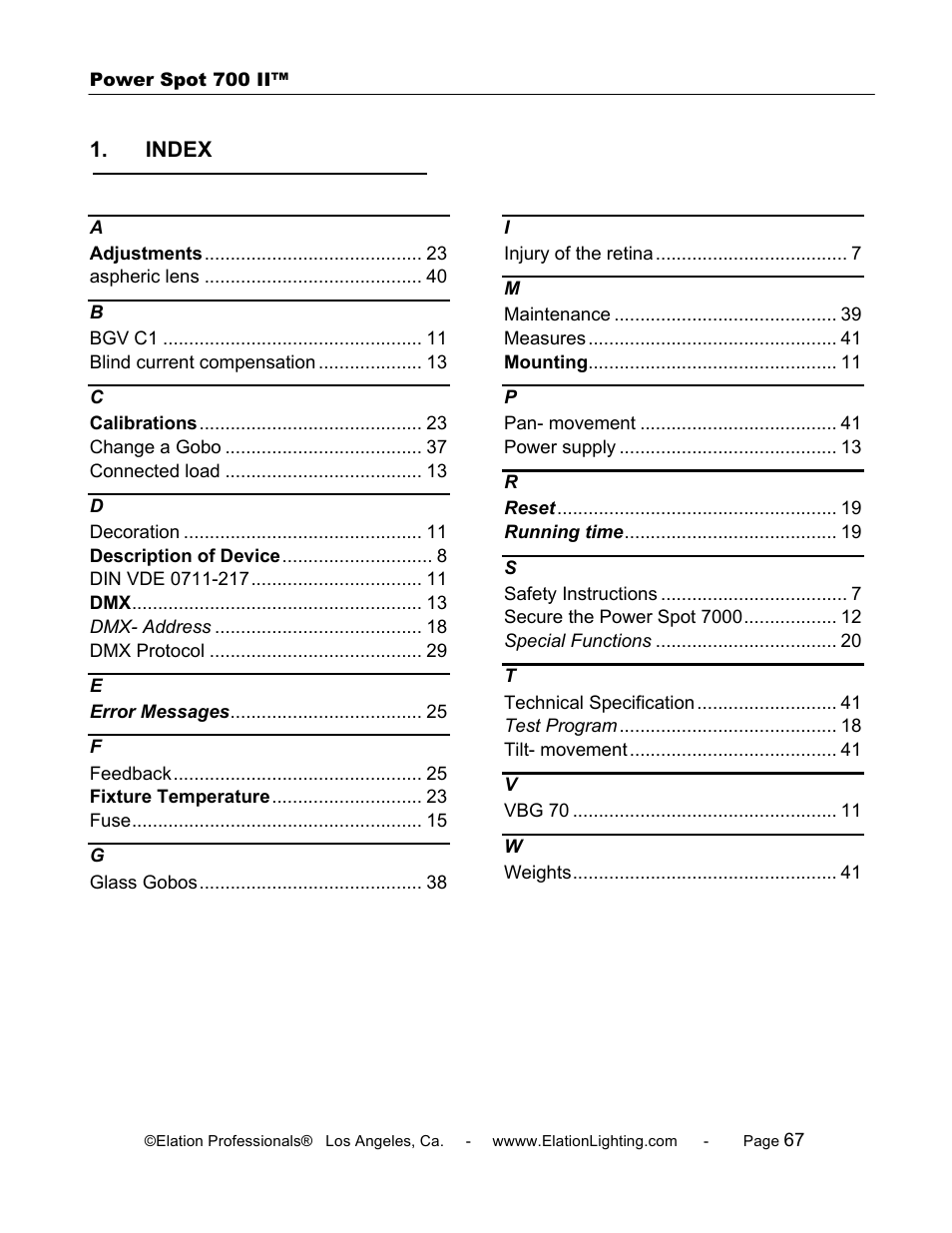Elation Professional 700 II User Manual | Page 67 / 68