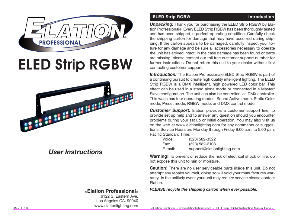 Elation Professional ELED STRIP RGBW User Manual | 10 pages