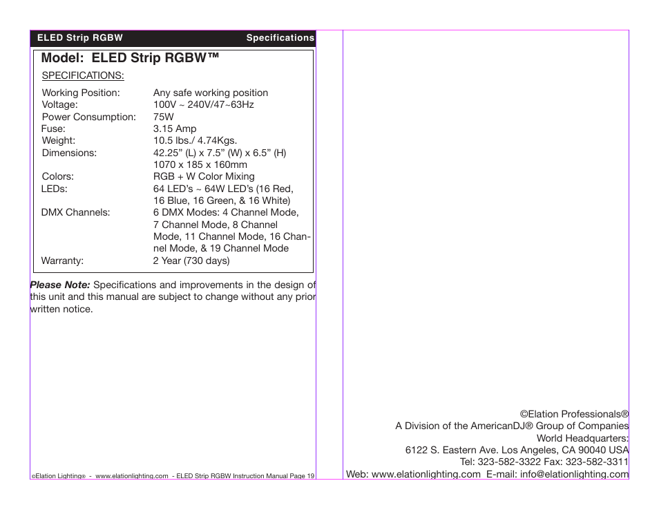 Model: eled strip rgbw | Elation Professional ELED STRIP RGBW User Manual | Page 10 / 10