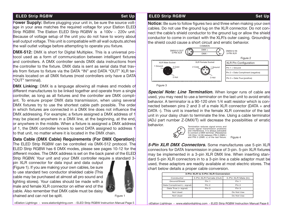 Ower supply, Dmx-512, Notice | Pin xlr dmx connectors, Eled strip rgbw set up | Elation Professional ELED STRIP RGBW User Manual | Page 3 / 10