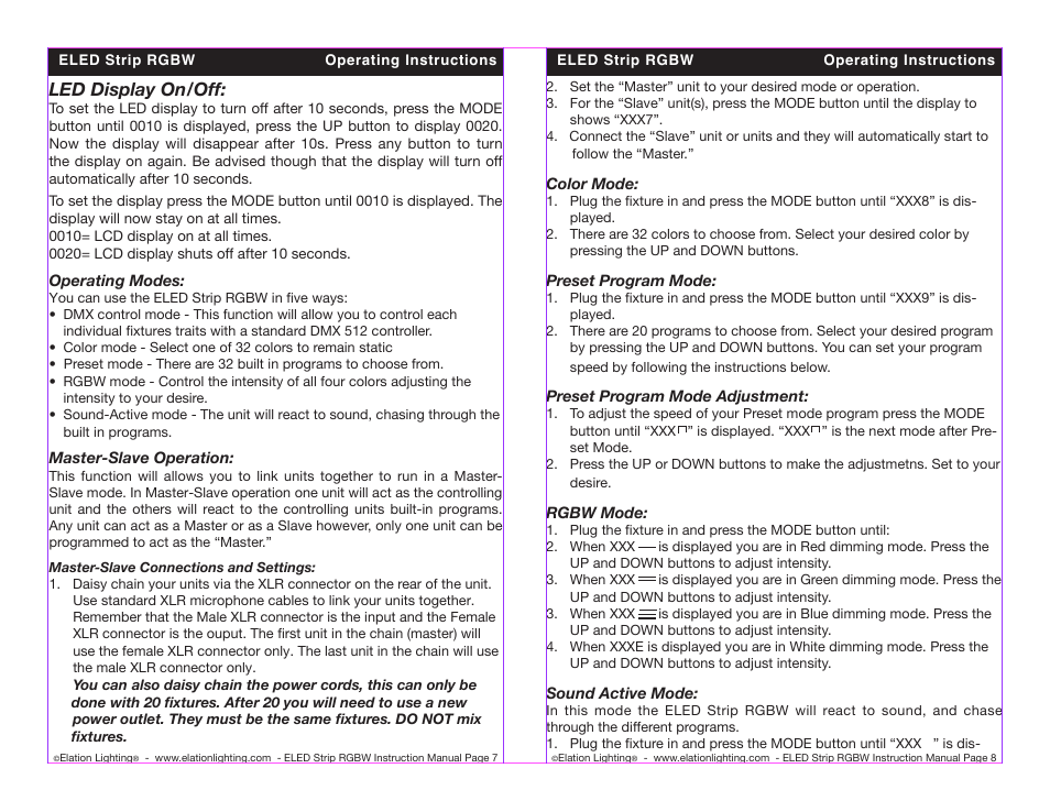 Led display on/off | Elation Professional ELED STRIP RGBW User Manual | Page 4 / 10