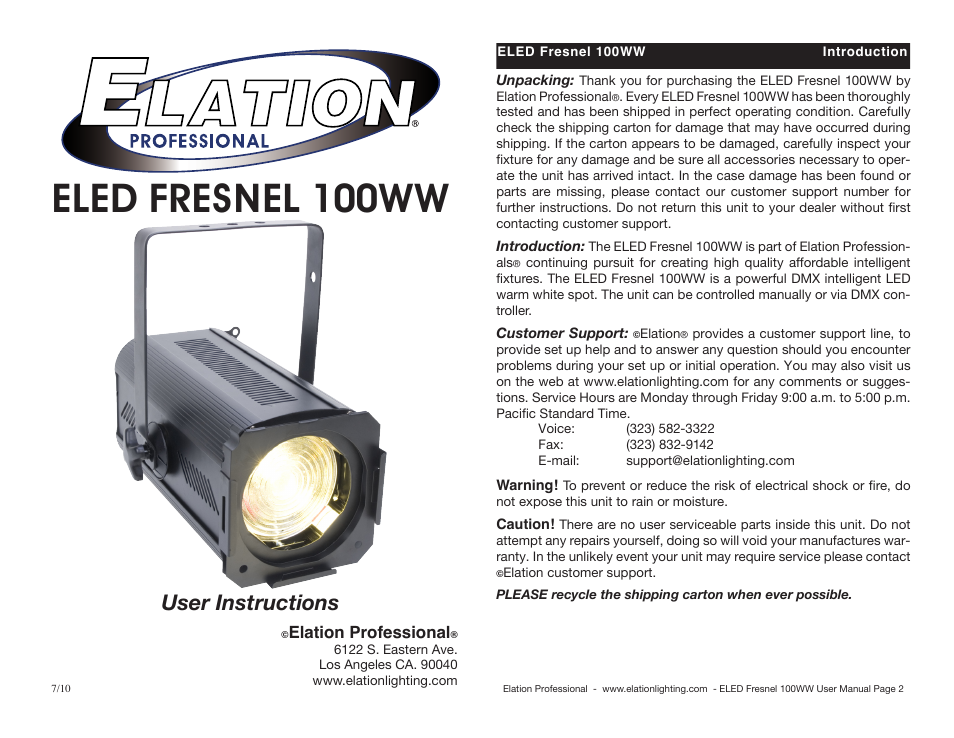 Elation Professional 100WW User Manual | 6 pages