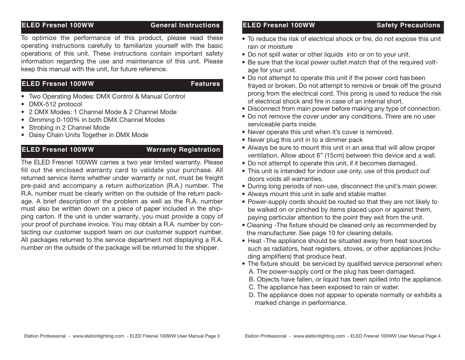 Elation Professional 100WW User Manual | Page 2 / 6