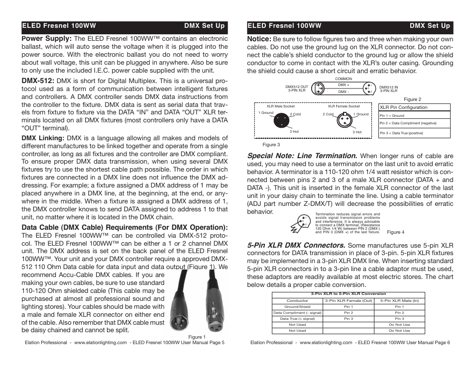 Ower supply, Dmx-512, Notice | Pin xlr dmx connectors | Elation Professional 100WW User Manual | Page 3 / 6