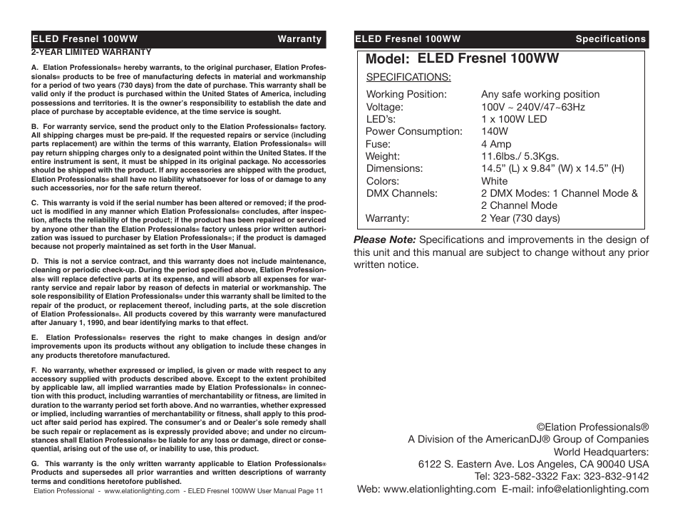 Model: eled fresnel 100ww | Elation Professional 100WW User Manual | Page 6 / 6