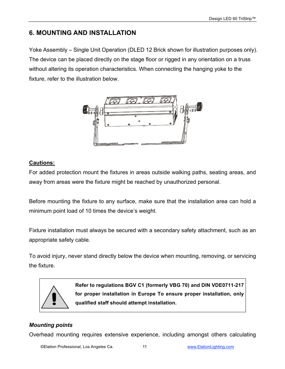 Mounting and installation | Elation Professional Design 60 Tri User Manual | Page 12 / 44