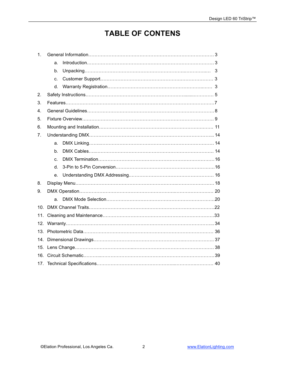 Table of contens | Elation Professional Design 60 Tri User Manual | Page 3 / 44