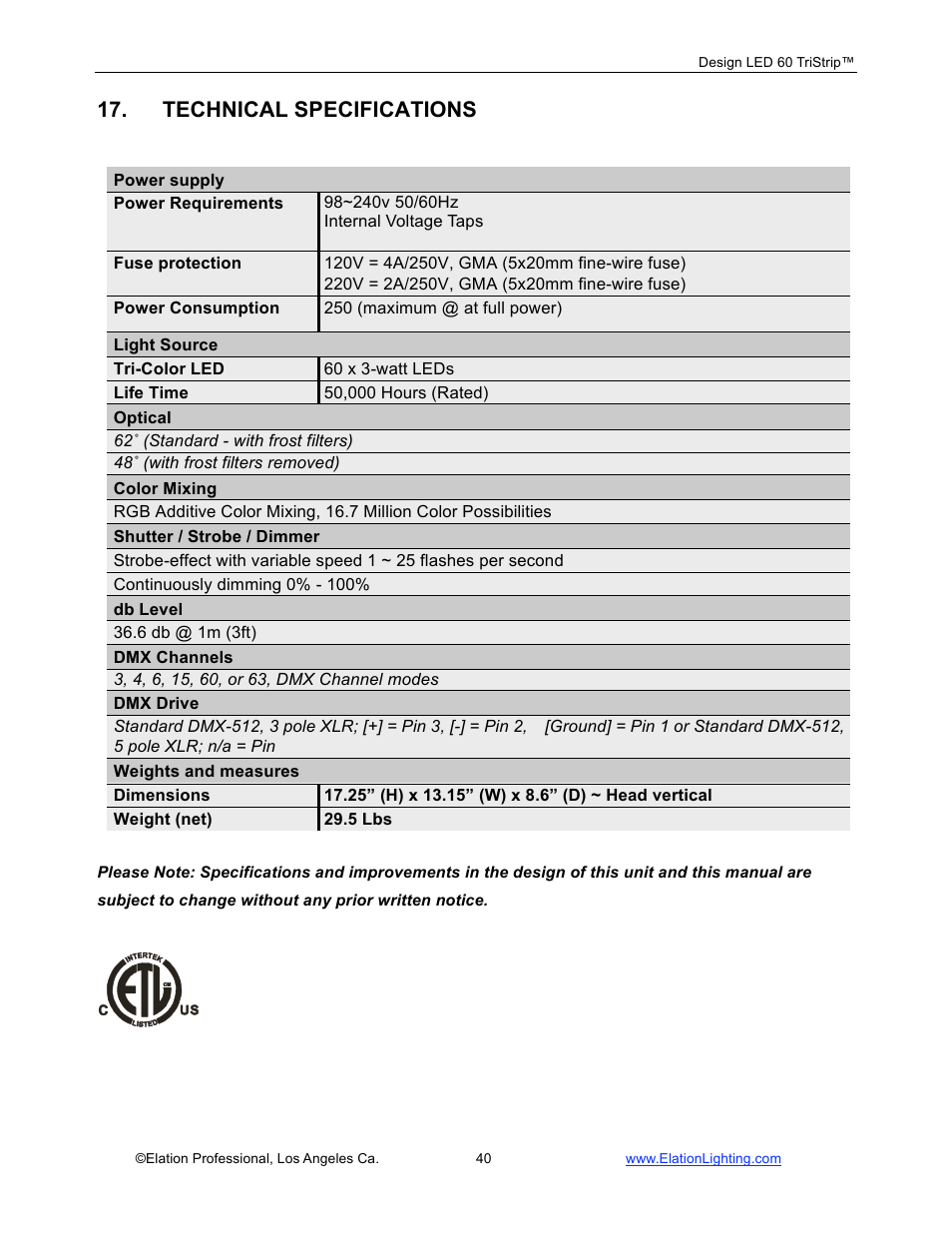 Technical specifications | Elation Professional Design 60 Tri User Manual | Page 41 / 44