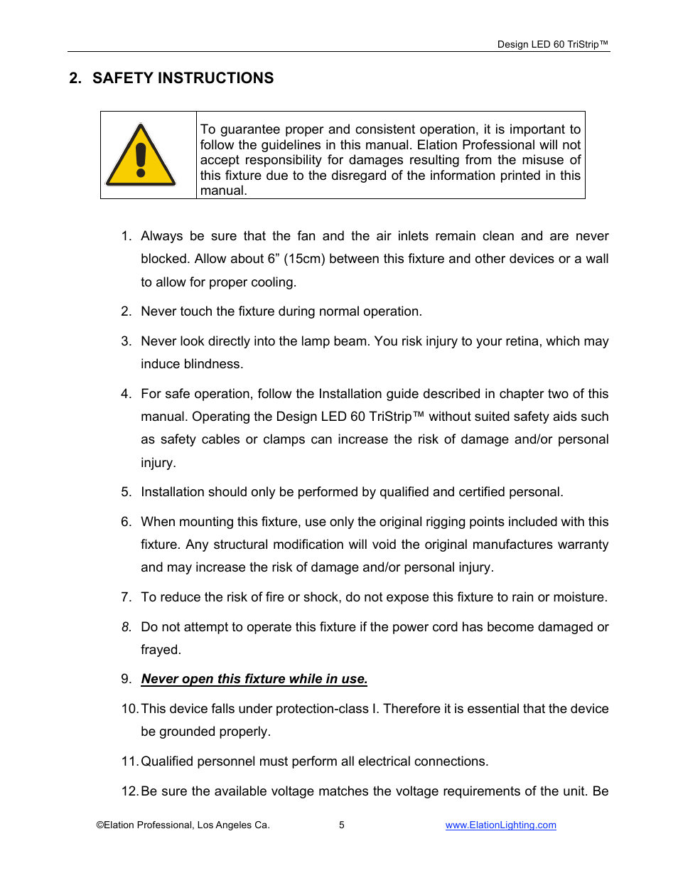 Safety instructions | Elation Professional Design 60 Tri User Manual | Page 6 / 44