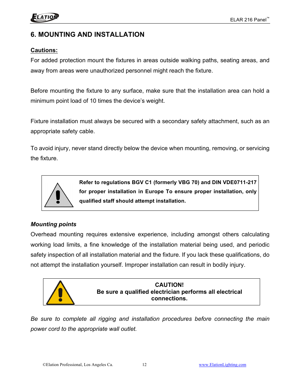 Mounting and installation | Elation Professional 216 User Manual | Page 13 / 44