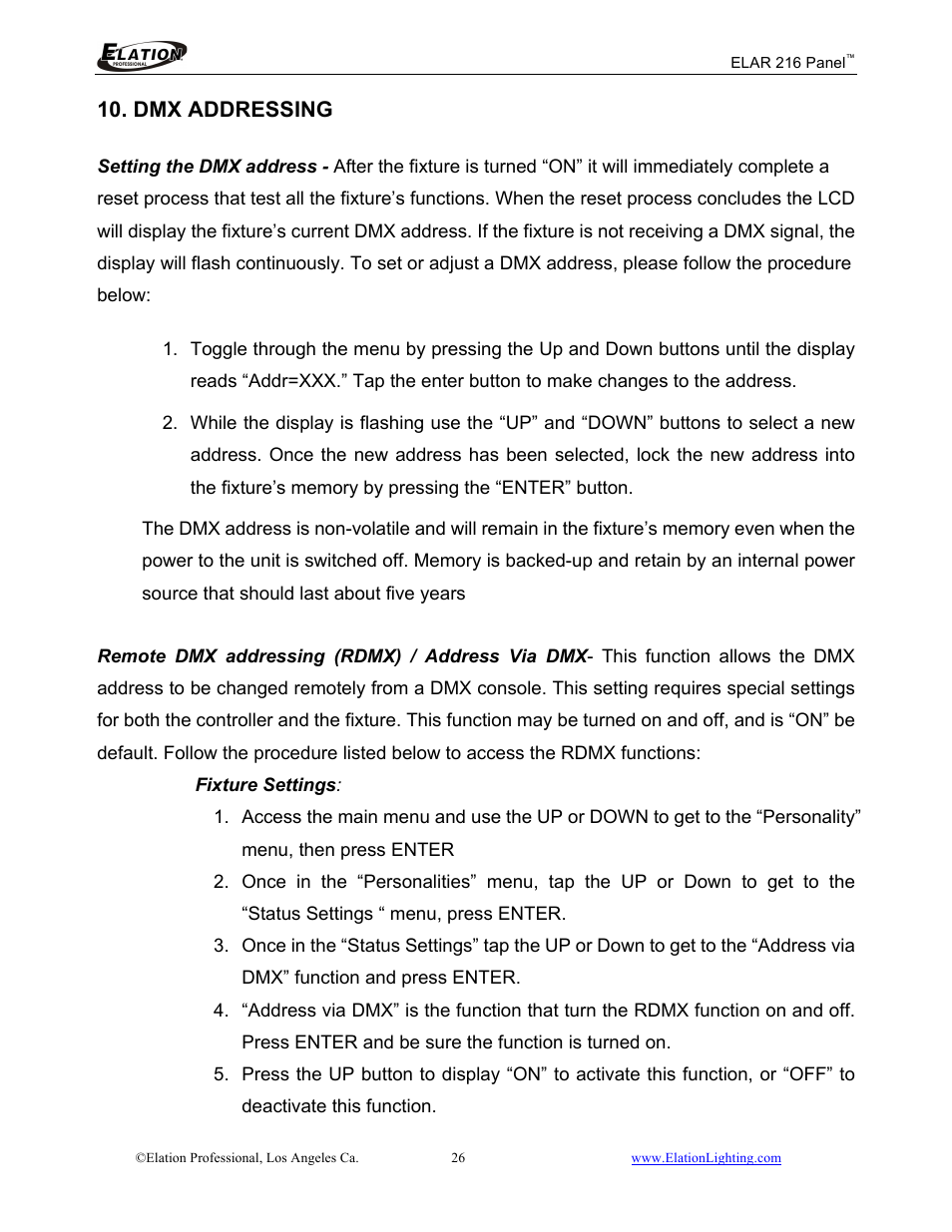 Dmx addressing | Elation Professional 216 User Manual | Page 27 / 44