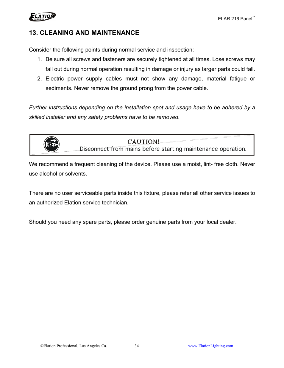 Cleaning and maintenance | Elation Professional 216 User Manual | Page 35 / 44