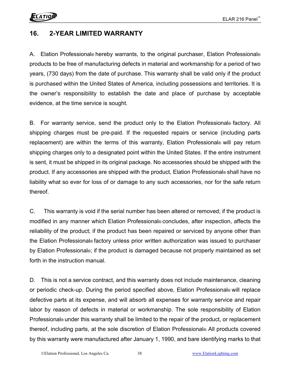 2-year limited warranty | Elation Professional 216 User Manual | Page 39 / 44