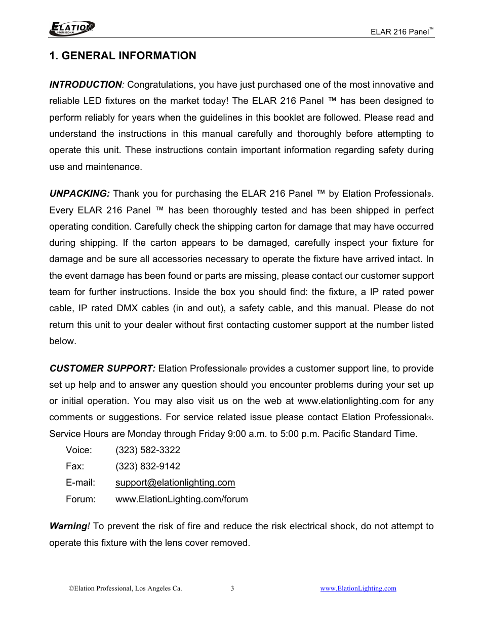 General information | Elation Professional 216 User Manual | Page 4 / 44