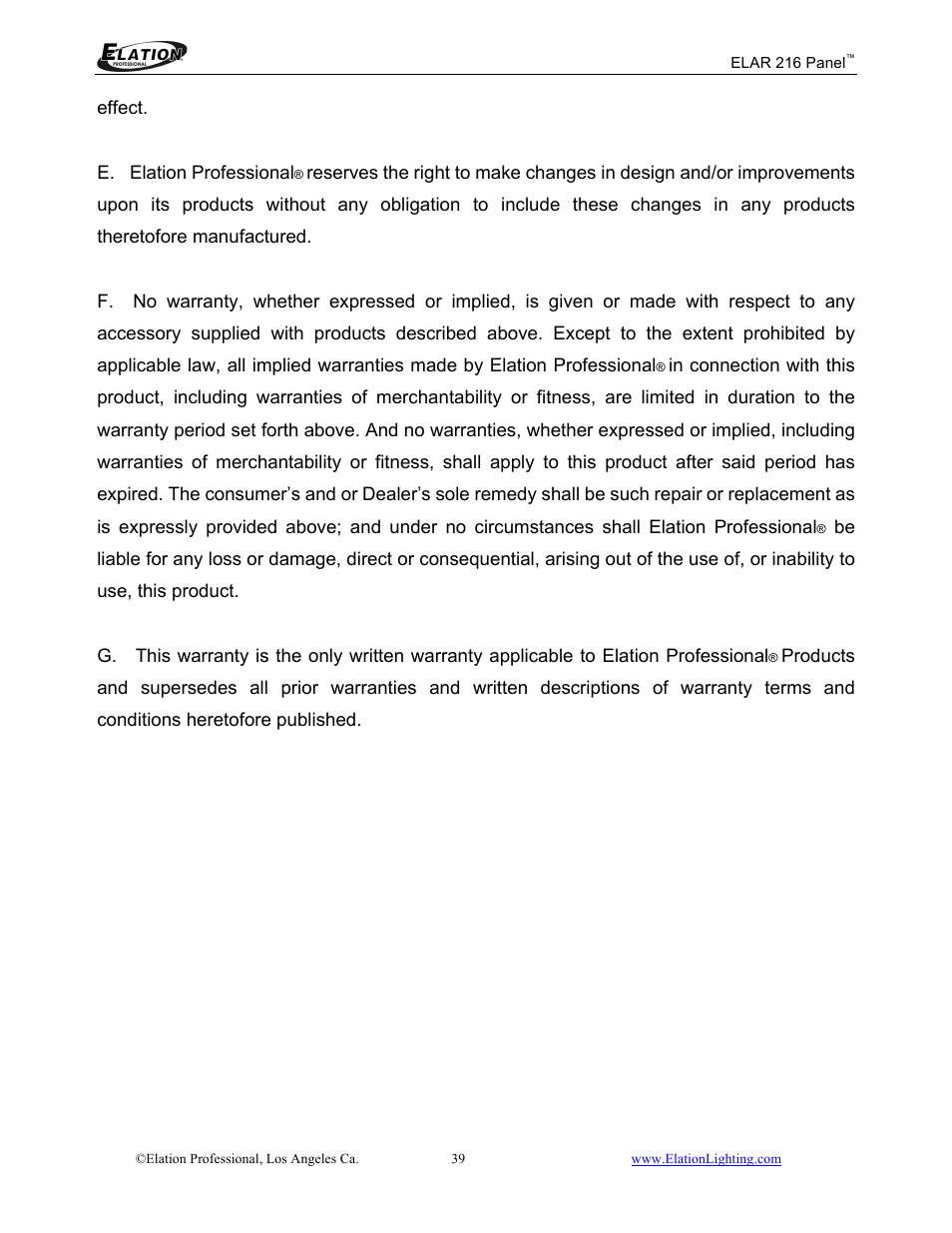 Elation Professional 216 User Manual | Page 40 / 44